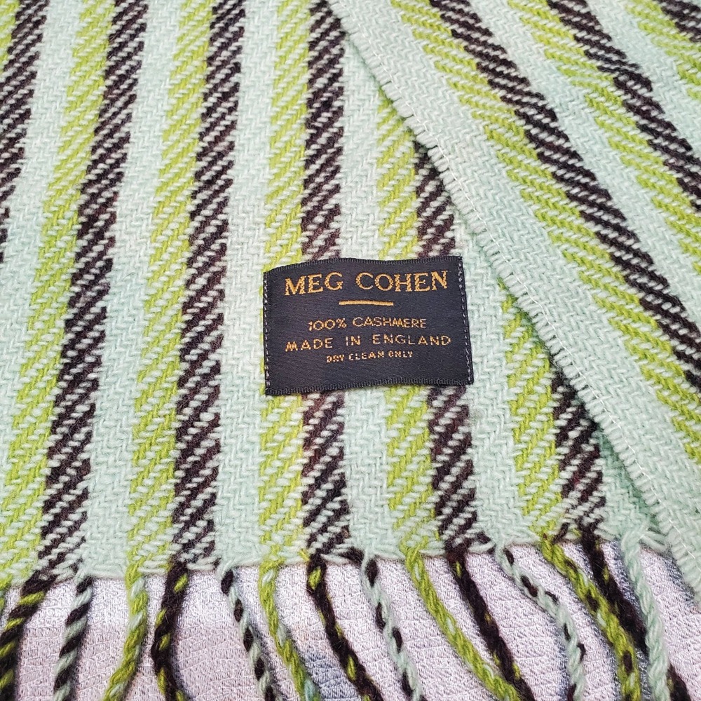 MEG COHEN 100% Cashmere Scarf Made In England Striped Fringe Luxury Green Mint - Picture 3 of 5